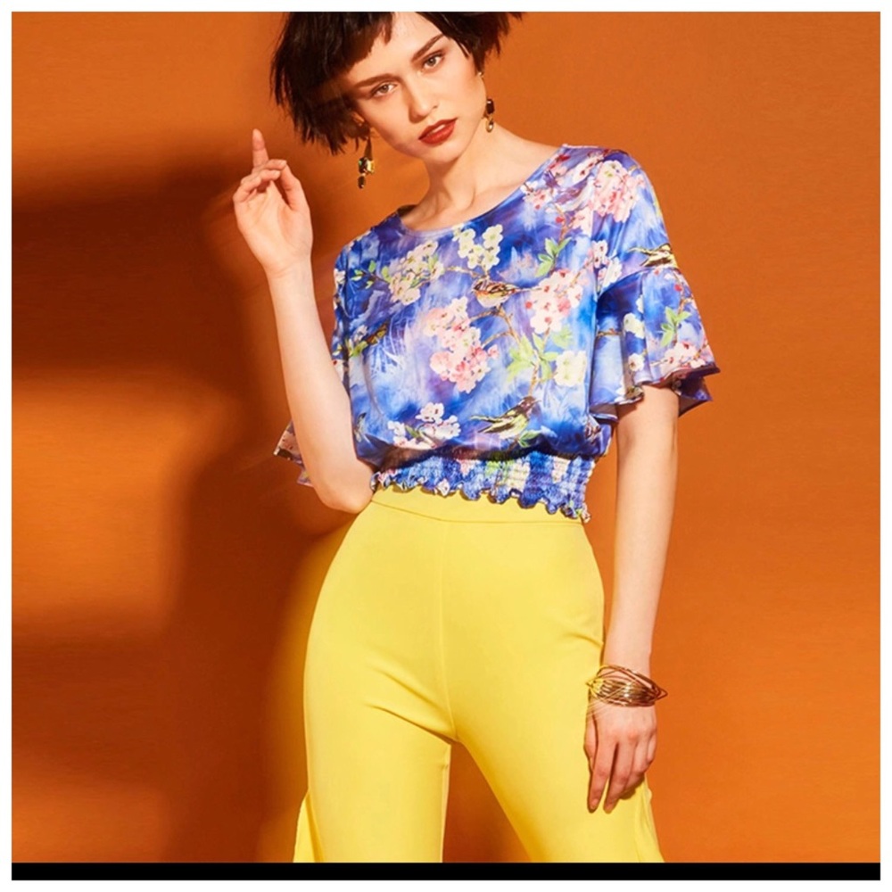 Bold Yellow Flared Ruffle Crop Stretch Pants - Picture 5 of 10